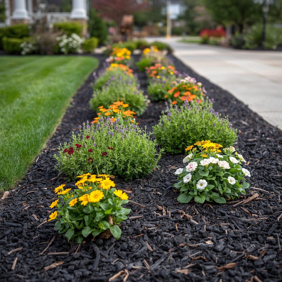 Clean dark mulch flowerbed with colorful flowers in Crandall TX